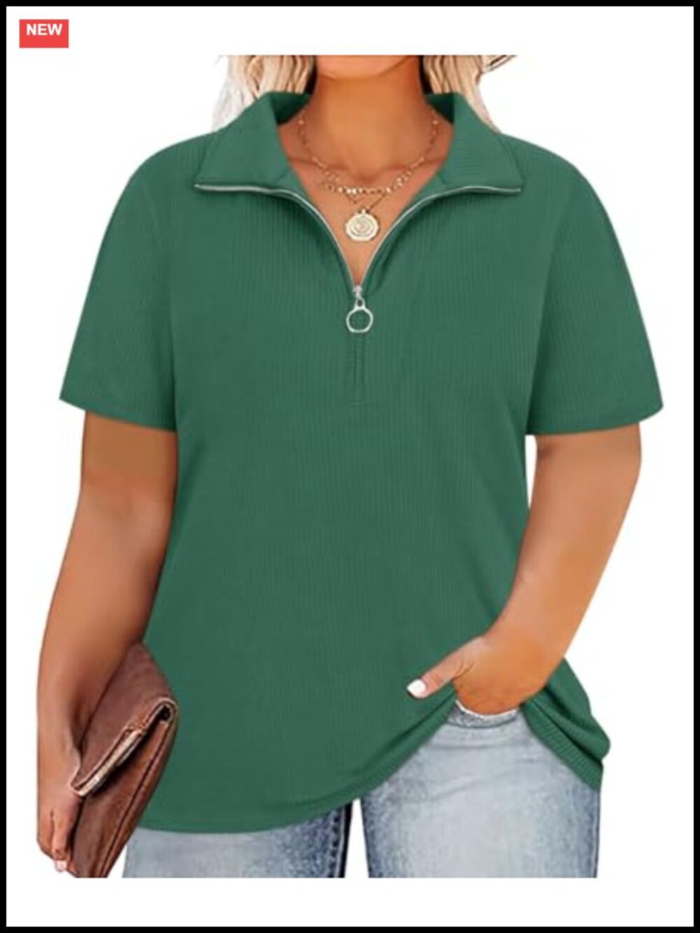 Plus Size V-Neck Zip Polo Shirt - Soft Stretchy Short Sleeve Top